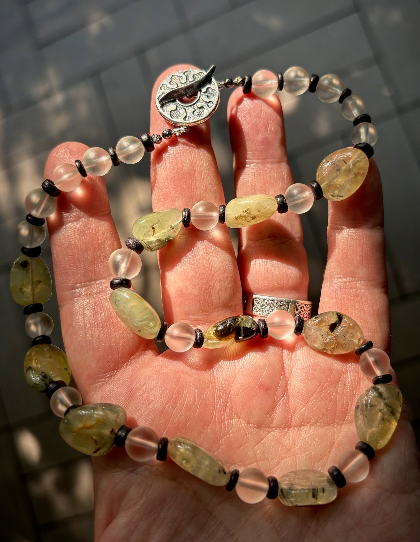 Kaone Necklace - Prehnite (Grade A) with Vintage Glass