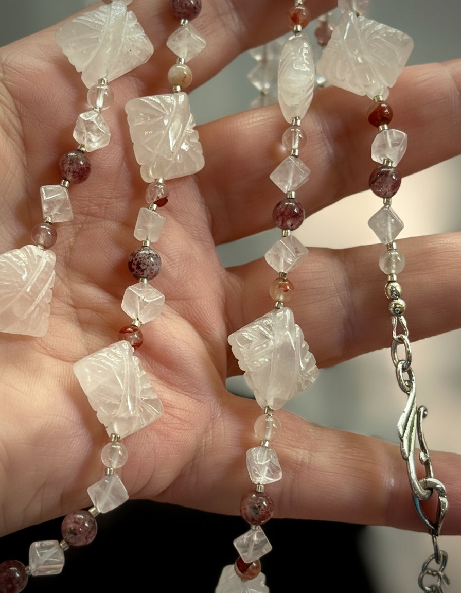 Ammis Necklace - Carved Rose Quartz, Cherry and Strawberry Quartz