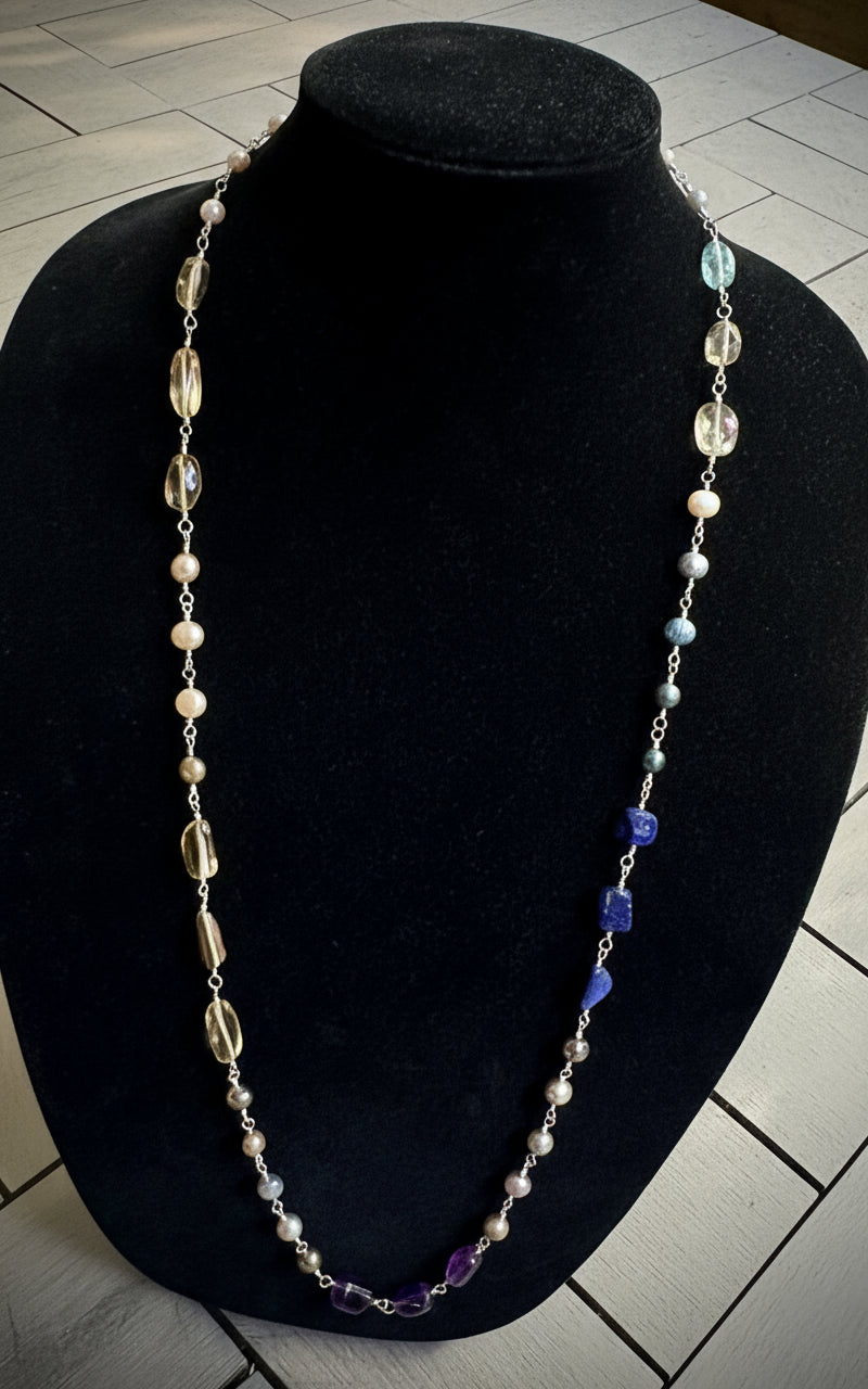 Ezna Necklace - Multicoloured Freshwater Pearl, Aquamarine, Lapiz Lazuli, Amethyst, Smoky Quartz, Citrine
