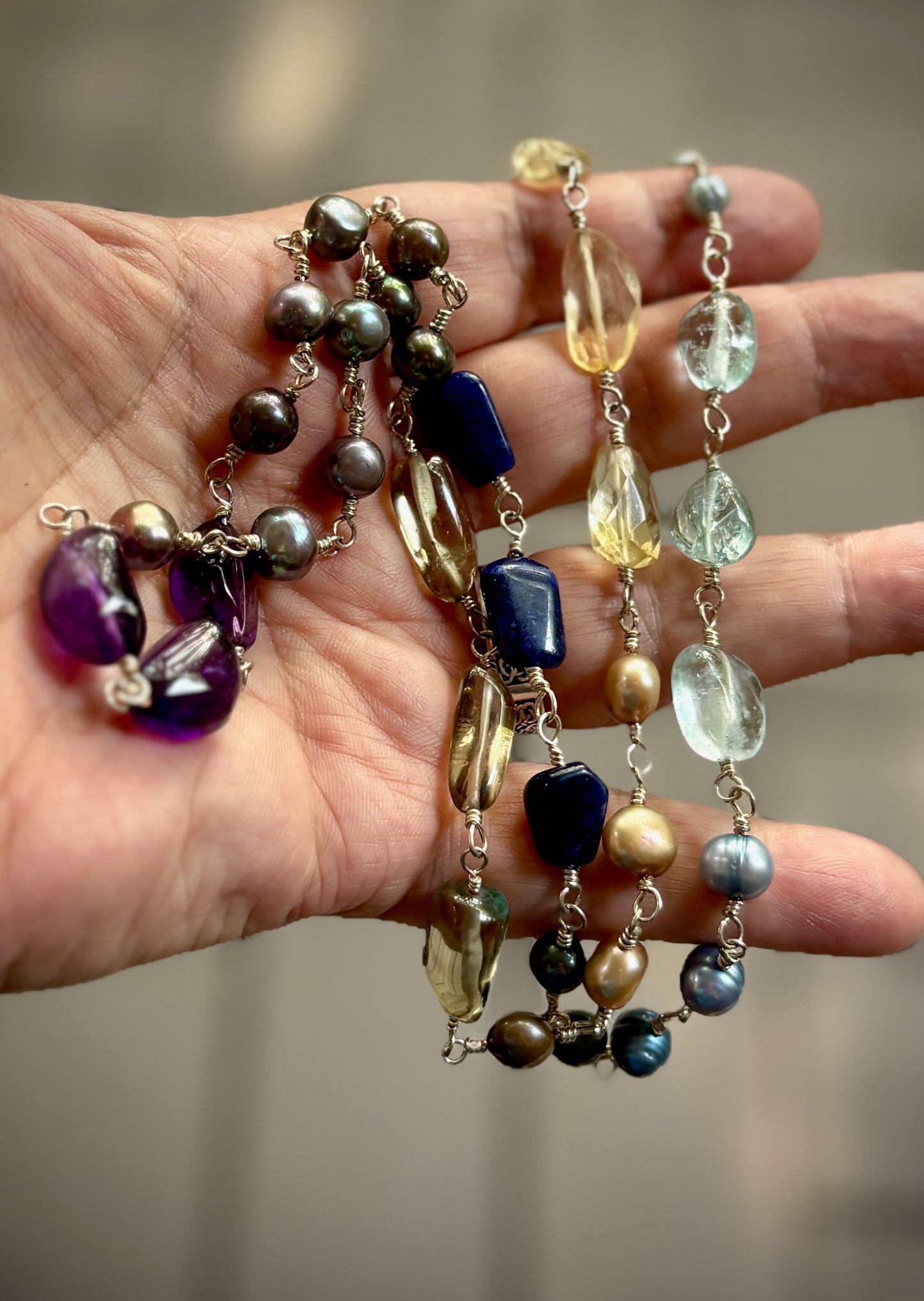 Ezna Necklace - Multicoloured Freshwater Pearl, Aquamarine, Lapiz Lazuli, Amethyst, Smoky Quartz, Citrine