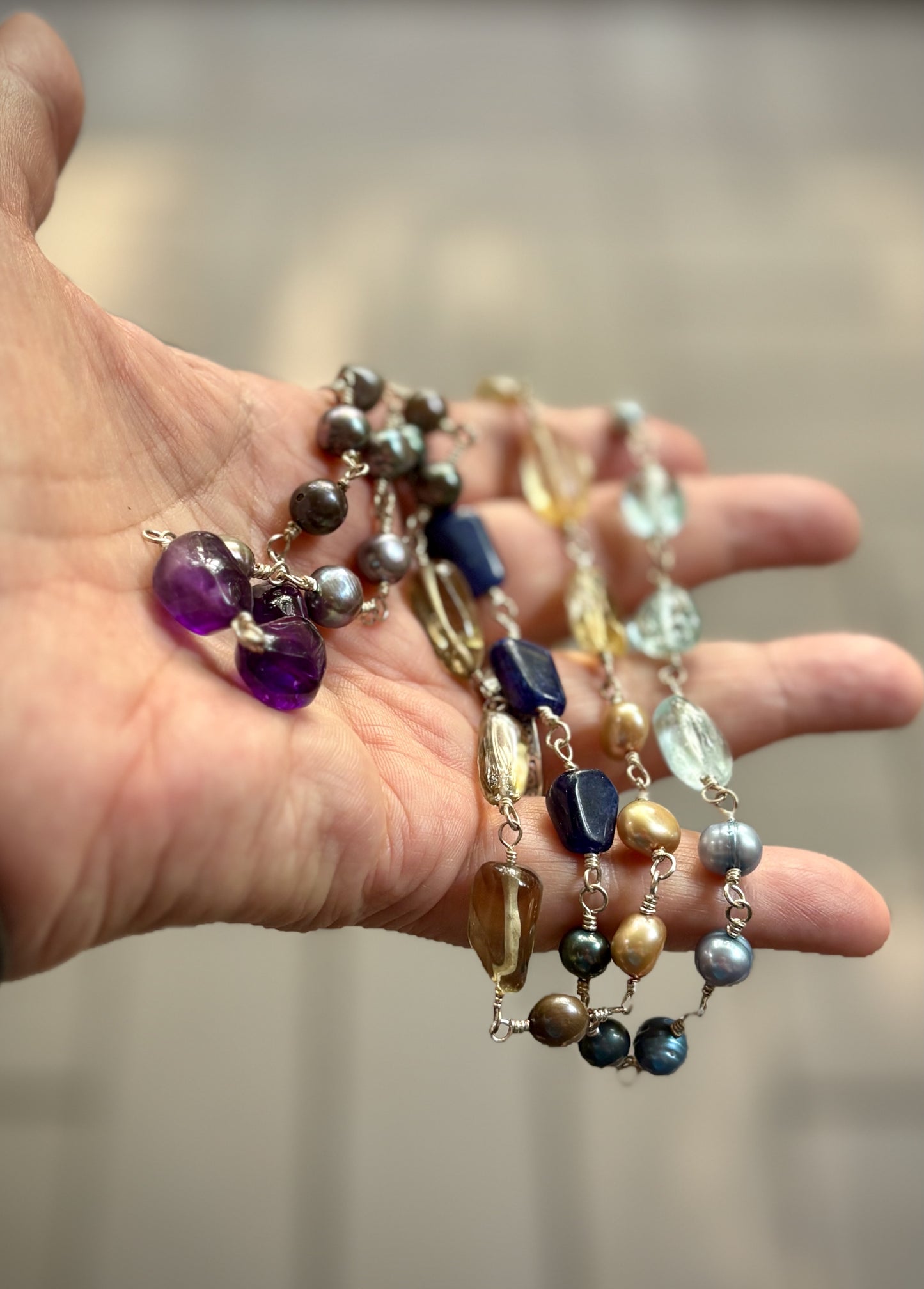 Ezna Necklace - Multicoloured Freshwater Pearl, Aquamarine, Lapiz Lazuli, Amethyst, Smoky Quartz, Citrine