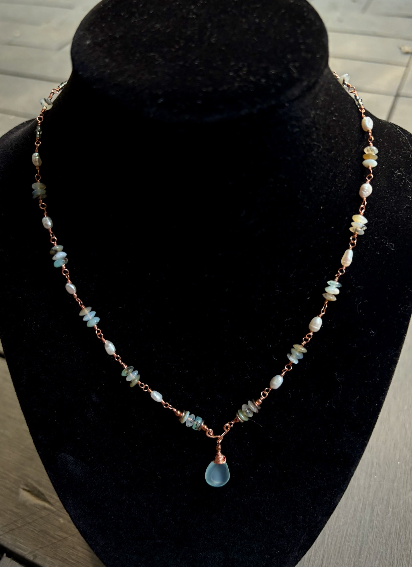 Tiara Necklace - Chalcedony, Pearl, and Amazonite on Wire Wrapped Copper