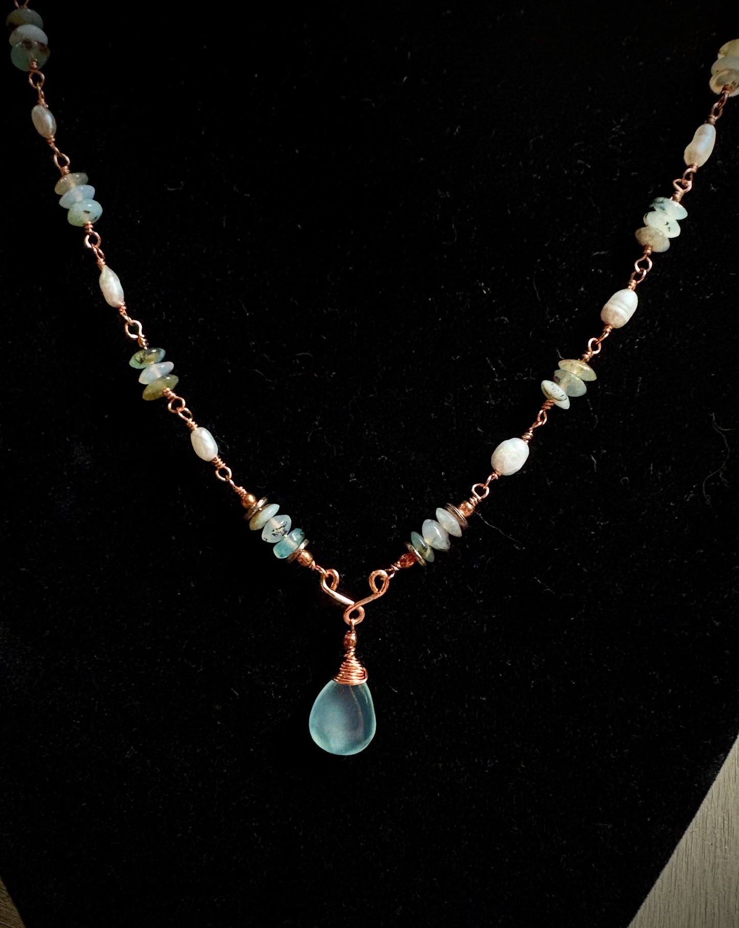 Tiara Necklace - Chalcedony, Pearl, and Amazonite on Wire Wrapped Copper