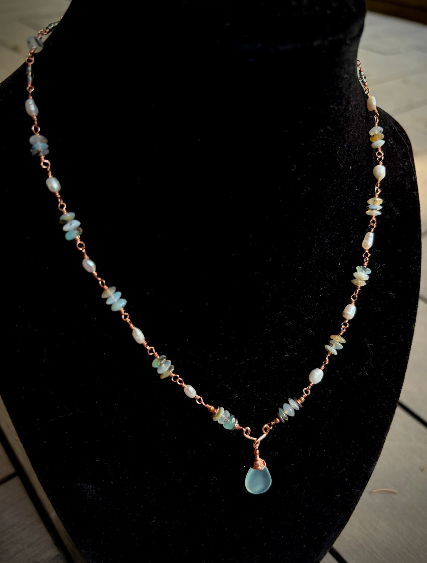 Tiara Necklace - Chalcedony, Pearl, and Amazonite on Wire Wrapped Copper