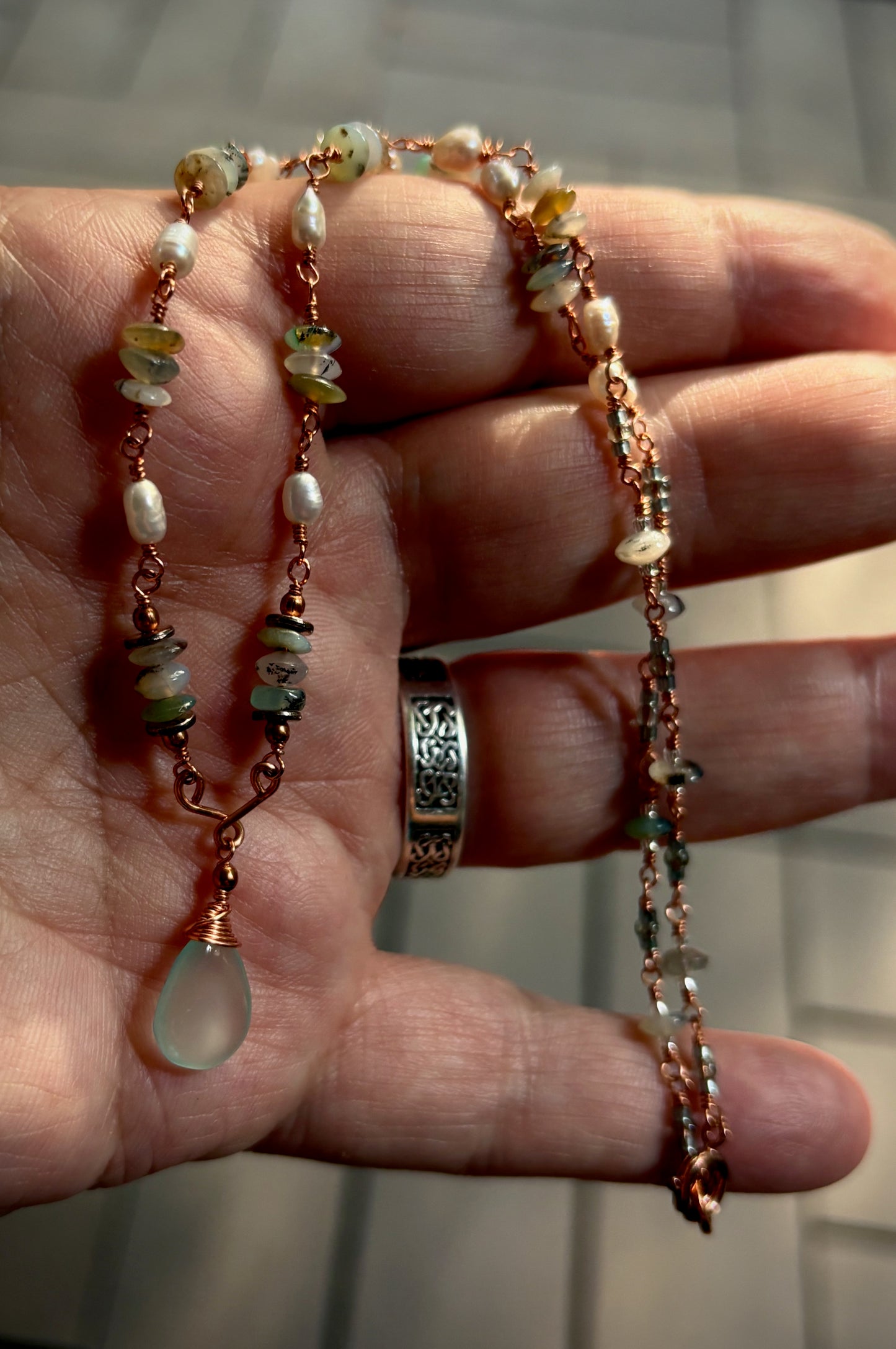 Tiara Necklace - Chalcedony, Pearl, and Amazonite on Wire Wrapped Copper