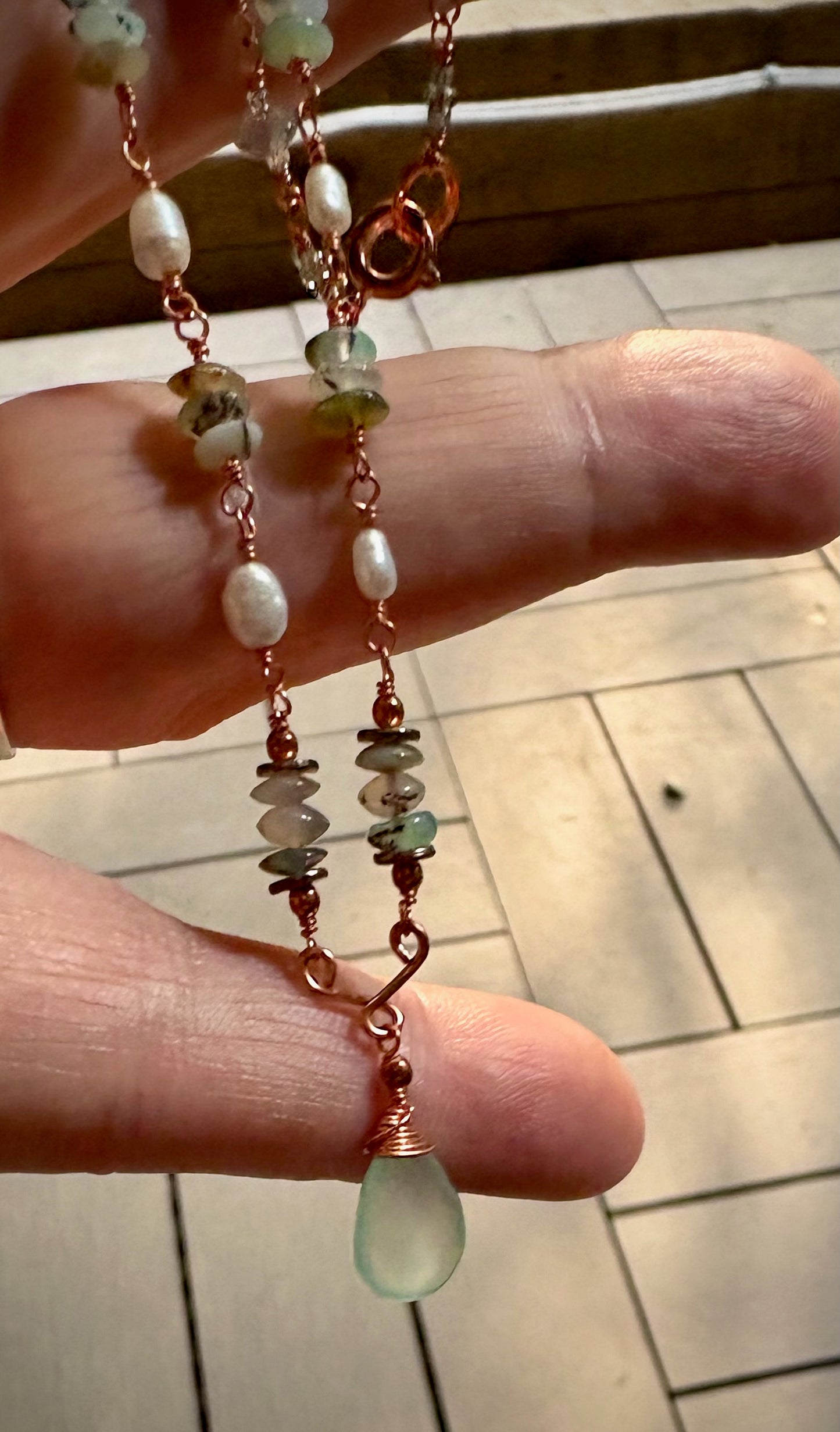 Tiara Necklace - Chalcedony, Pearl, and Amazonite on Wire Wrapped Copper