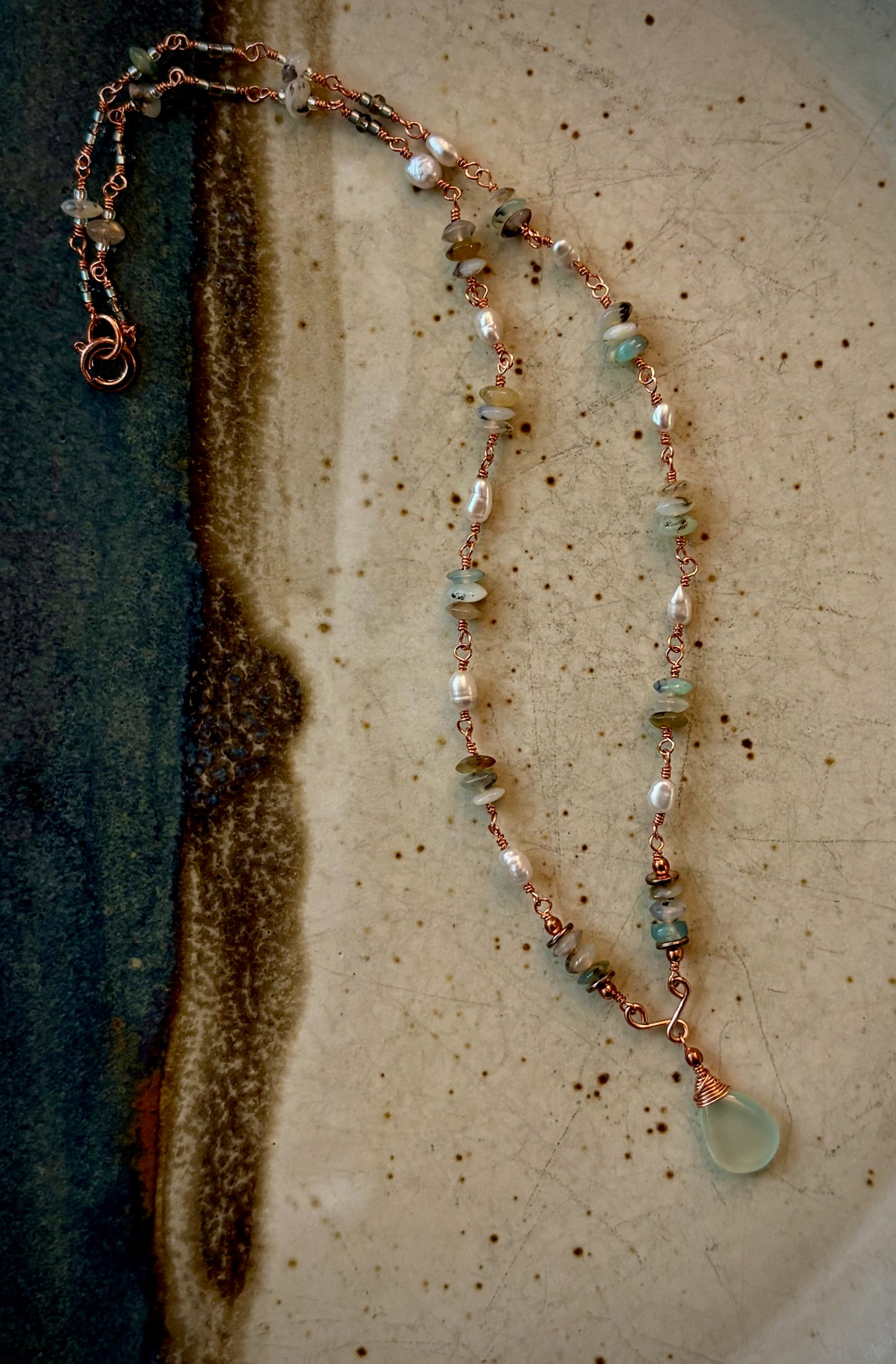 Tiara Necklace - Chalcedony, Pearl, and Amazonite on Wire Wrapped Copper