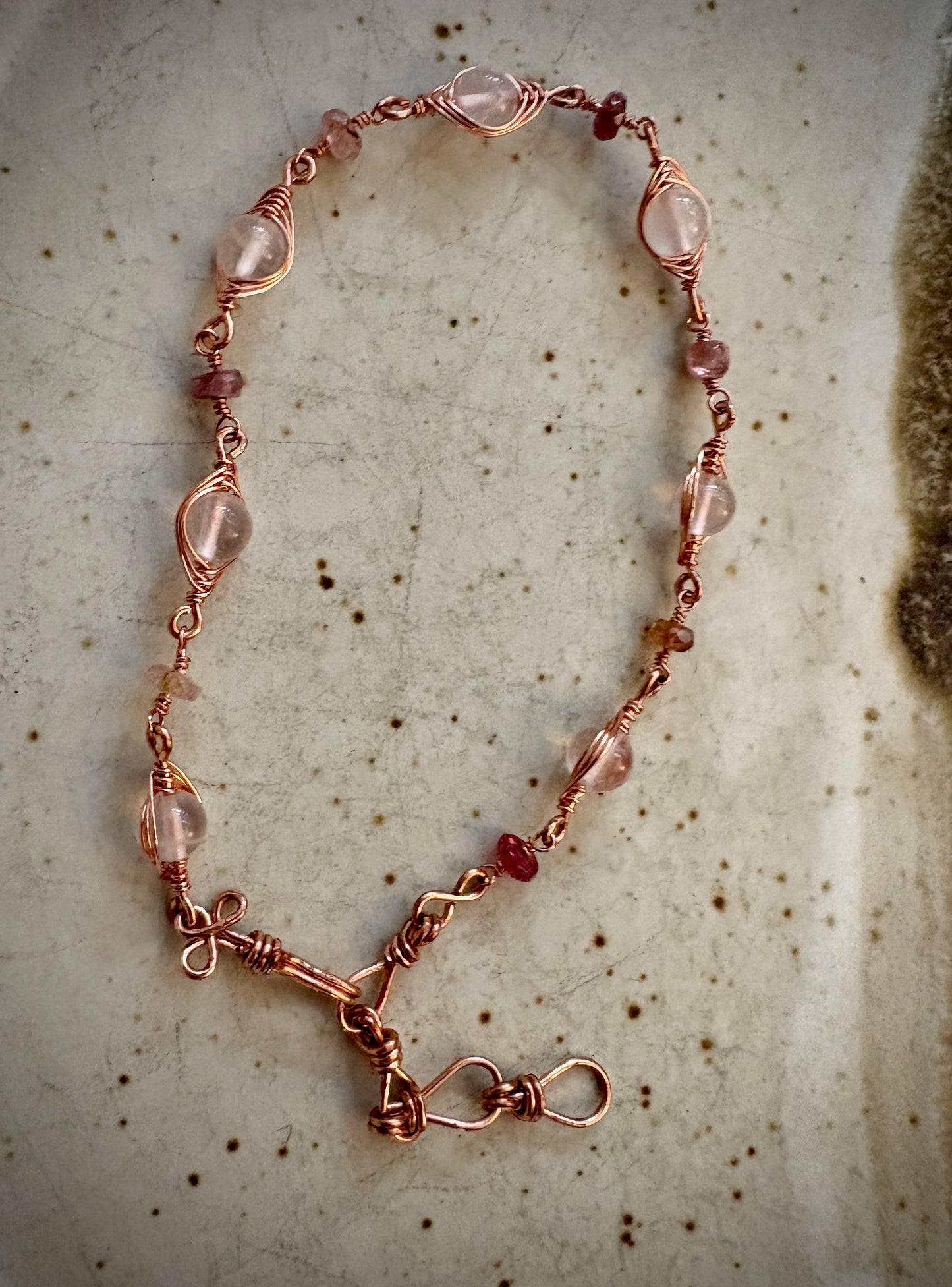 Illyra Bracelet - Copper Herringbone Wrapped Rose Quartz and Crystal
