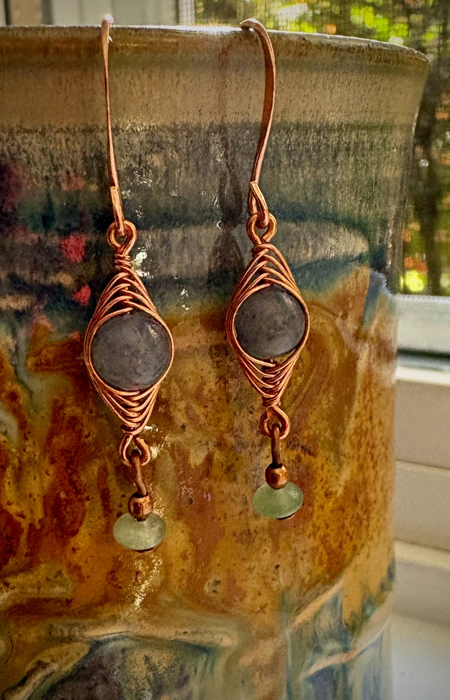 Renata Earrings - Copper Herringbone Wrapped Blue Aventurine and Amazonite