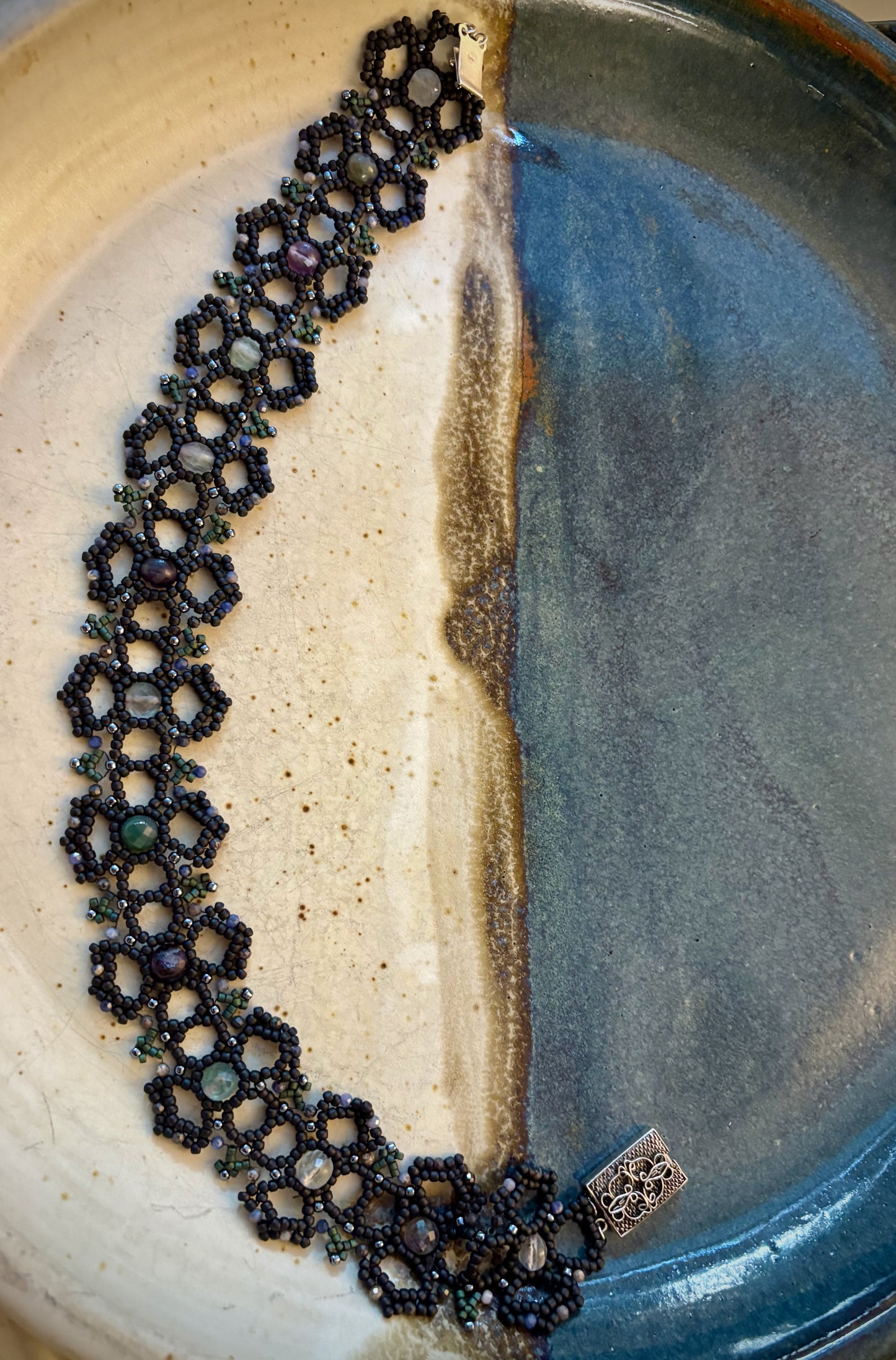 Roxelia Beadwork Choker Necklace - Fluorite and Sapphire