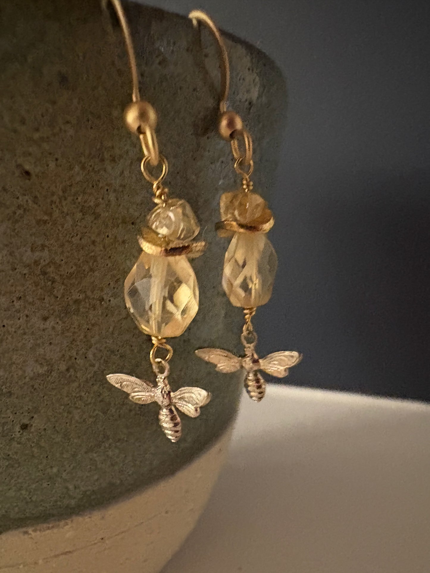 Abeja Earrings - Faceted Citrine with Bees