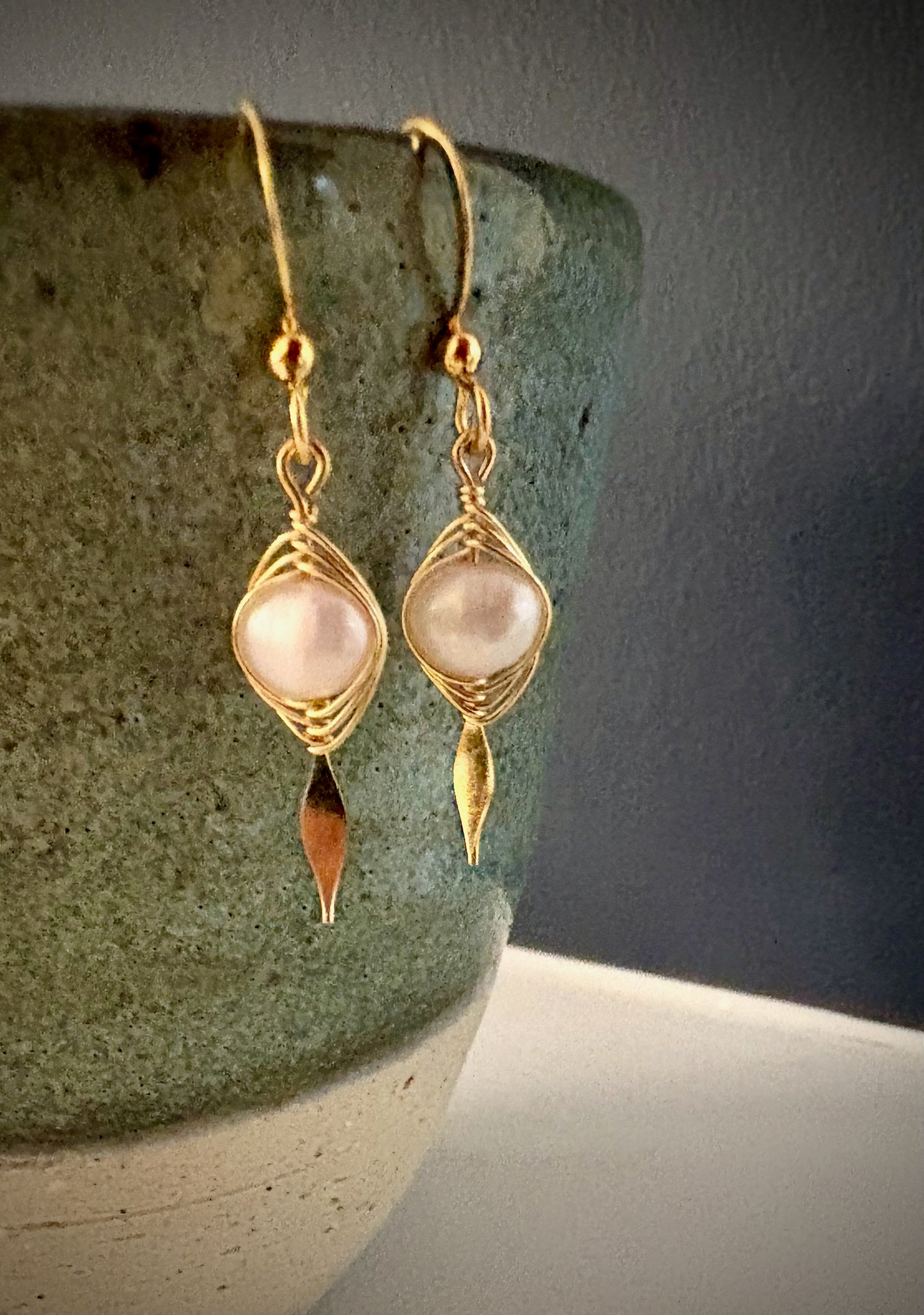 Graciela Earrings - Pearl with Herringbone Wrap