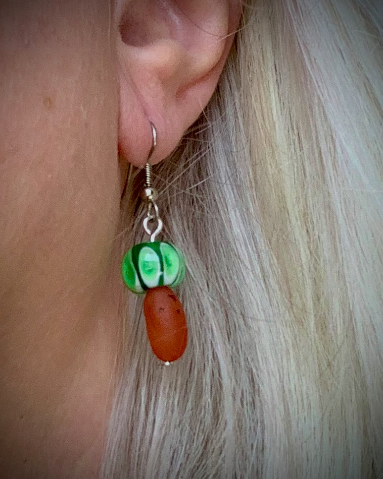 Maravilla Earrings - Carnelian and Lampwork Glass Mushrooms