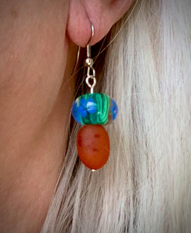 Maravilla Earrings - Carnelian and Lampwork Glass Mushrooms