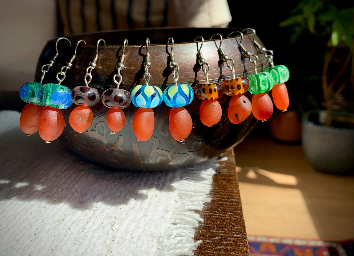 Maravilla Earrings - Carnelian and Lampwork Glass Mushrooms