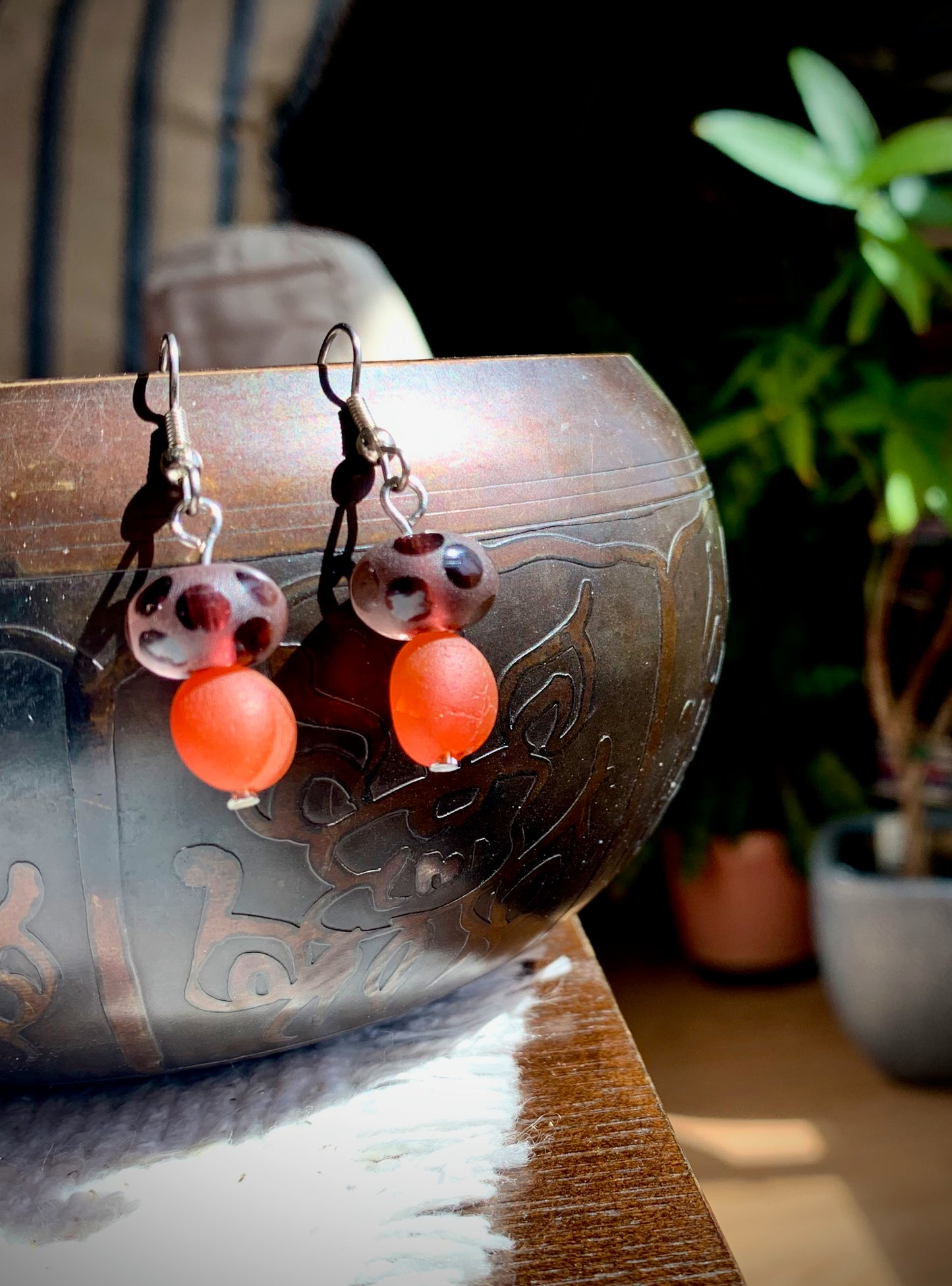 Maravilla Earrings - Carnelian and Lampwork Glass Mushrooms