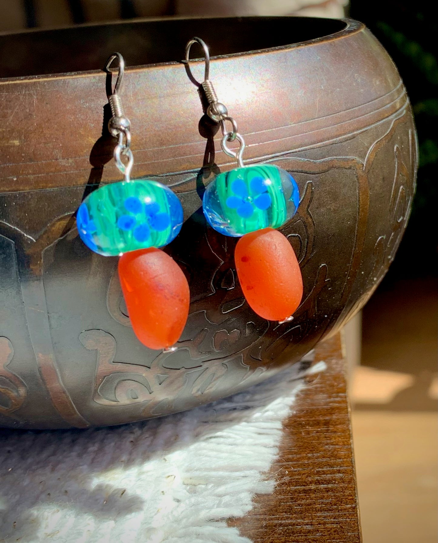 Maravilla Earrings - Carnelian and Lampwork Glass Mushrooms