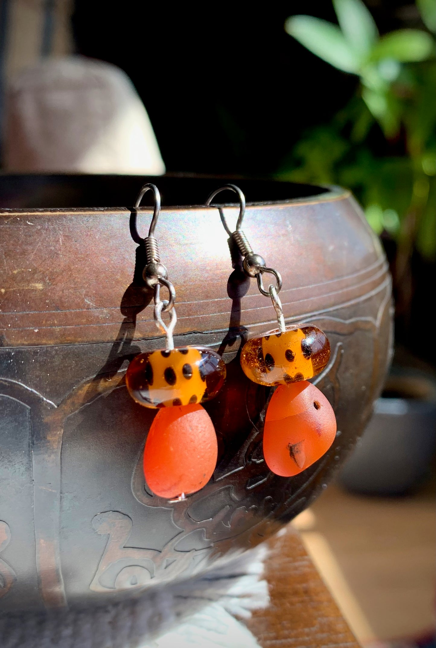 Maravilla Earrings - Carnelian and Lampwork Glass Mushrooms