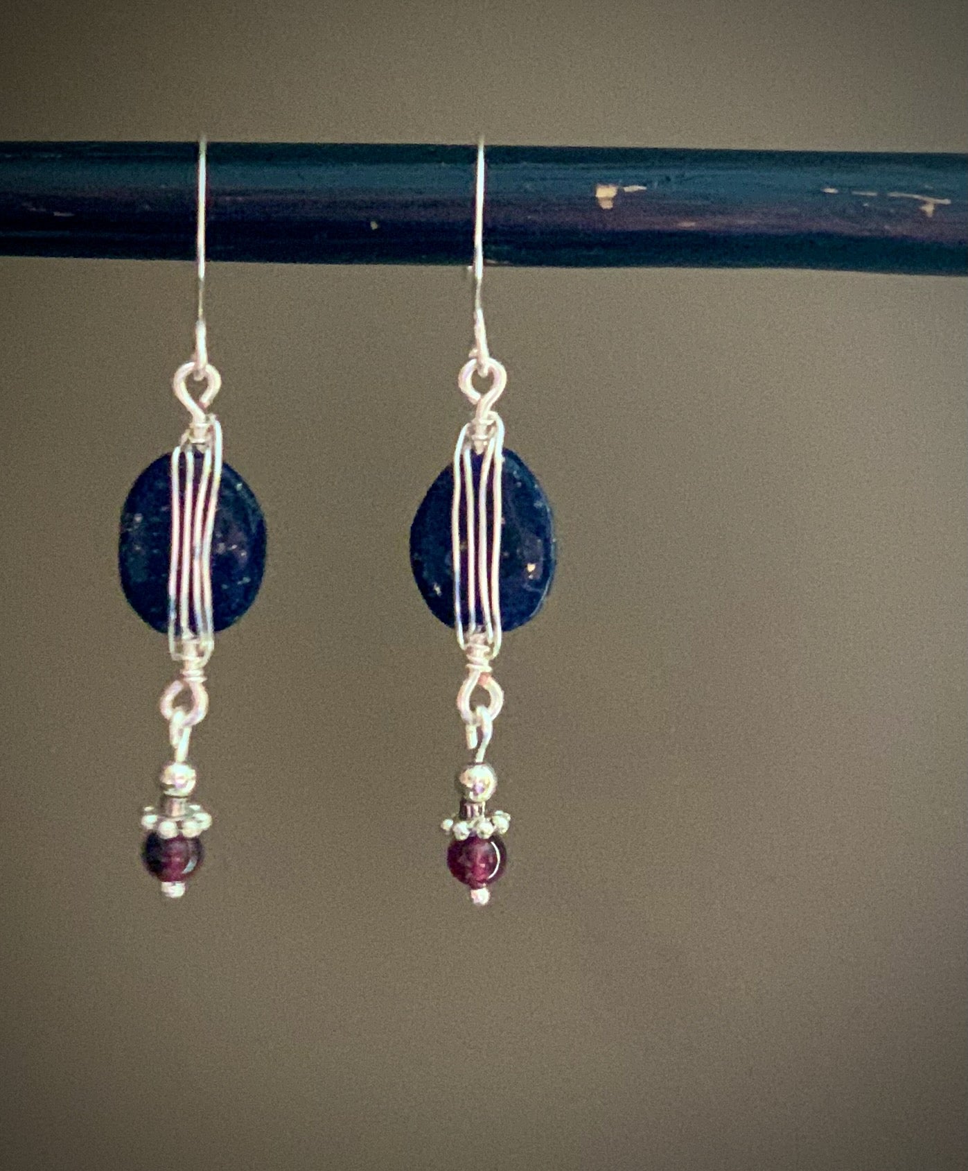 Consolación Earrings - Lapis Lazuli and Garnet with Silver Wrap Detail