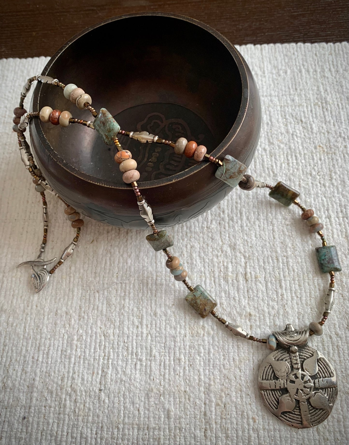 Preciosa Necklace - Chrysocolla in Quartz and Polychrome Jasper with Vintage White Bronze Medallion.