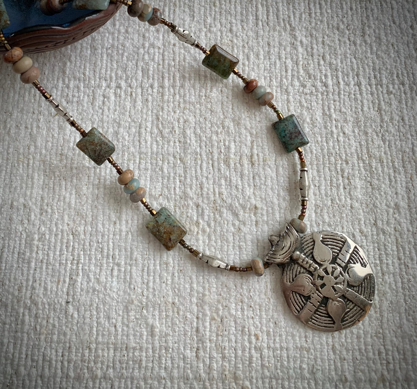 Preciosa Necklace - Chrysocolla in Quartz and Polychrome Jasper with Vintage White Bronze Medallion.