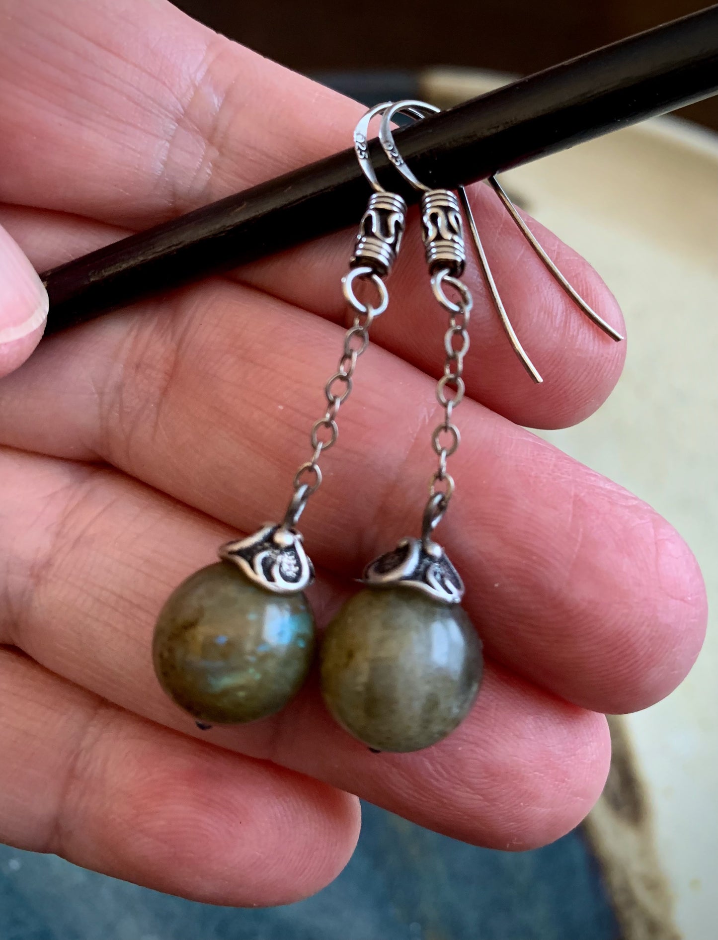 Rica Earrings - Labradorite with Antique Finish Silver Dangle