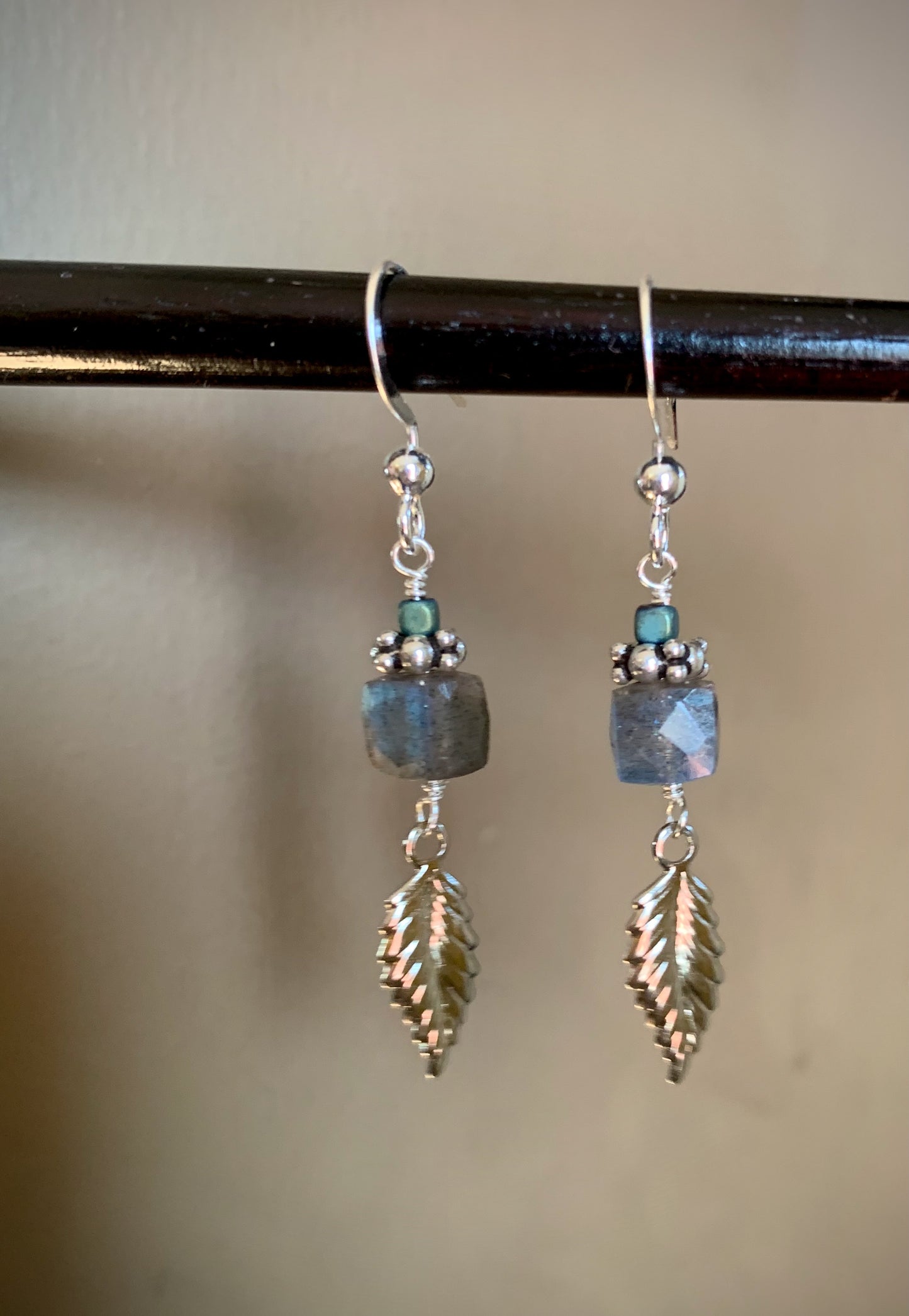 Deliciosa Earrings - Labradorite Cube and  Feather Dangle