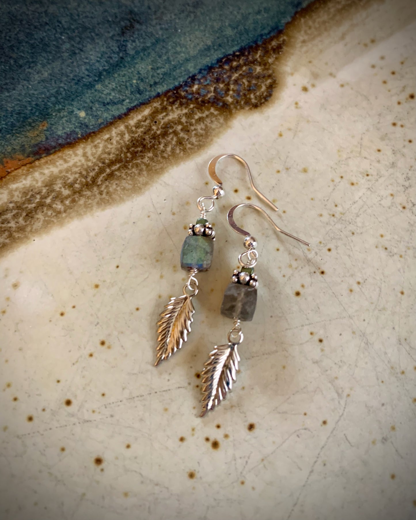 Deliciosa Earrings - Labradorite Cube and  Feather Dangle