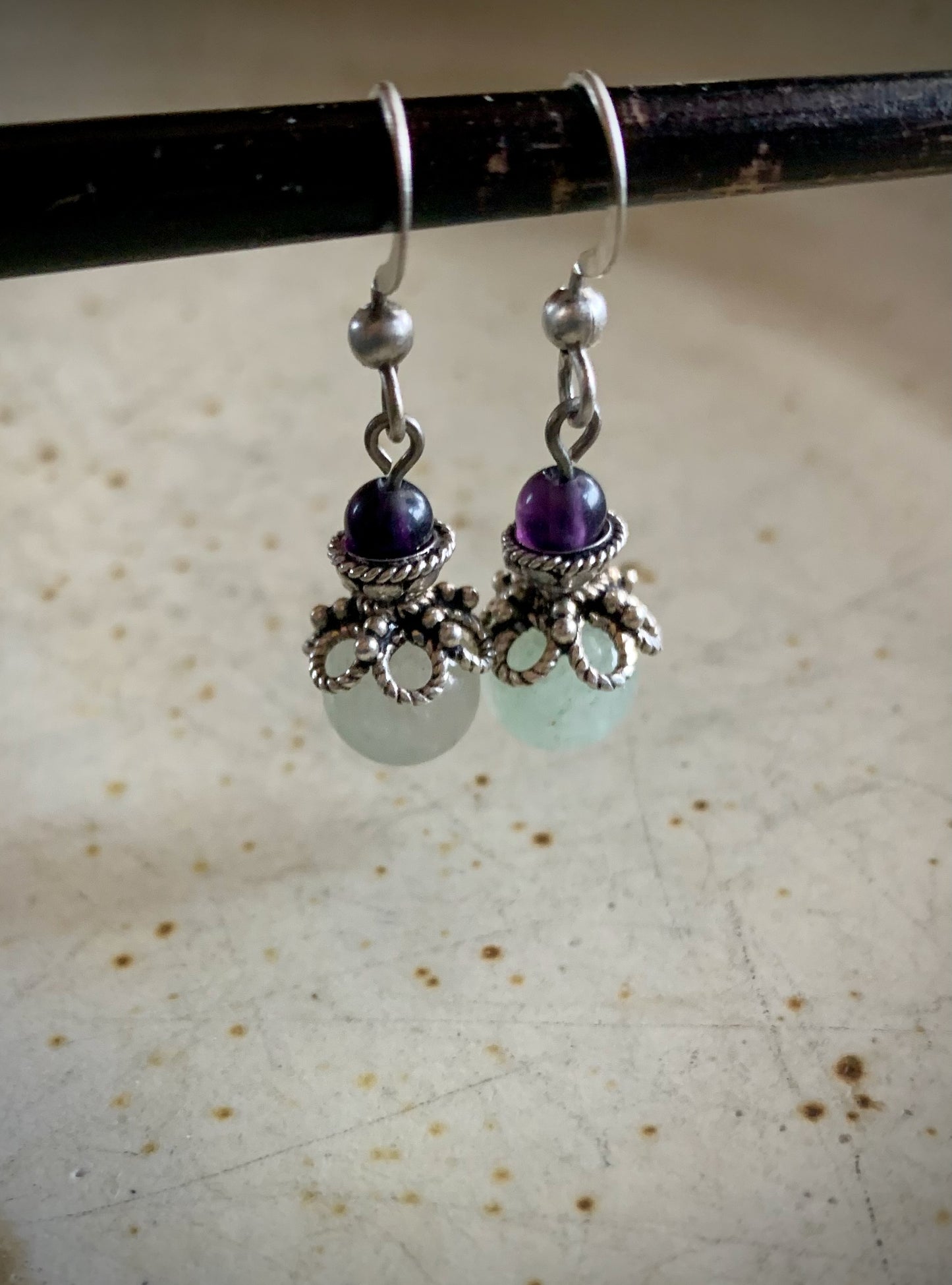 Azucar Earrings - Aquamarine and Dark Purple Fluorite