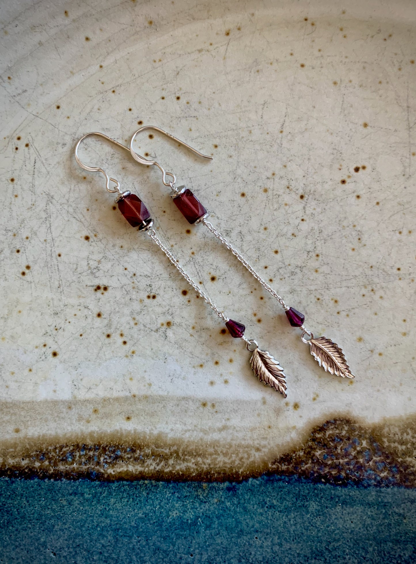 Fuego Earrings - Garnet and Feather Dangle