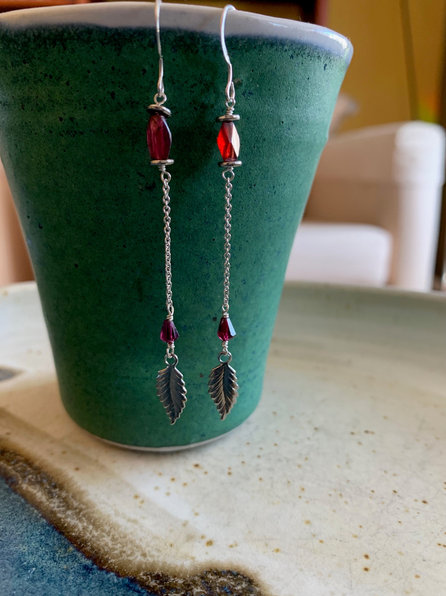 Fuego Earrings - Garnet and Feather Dangle