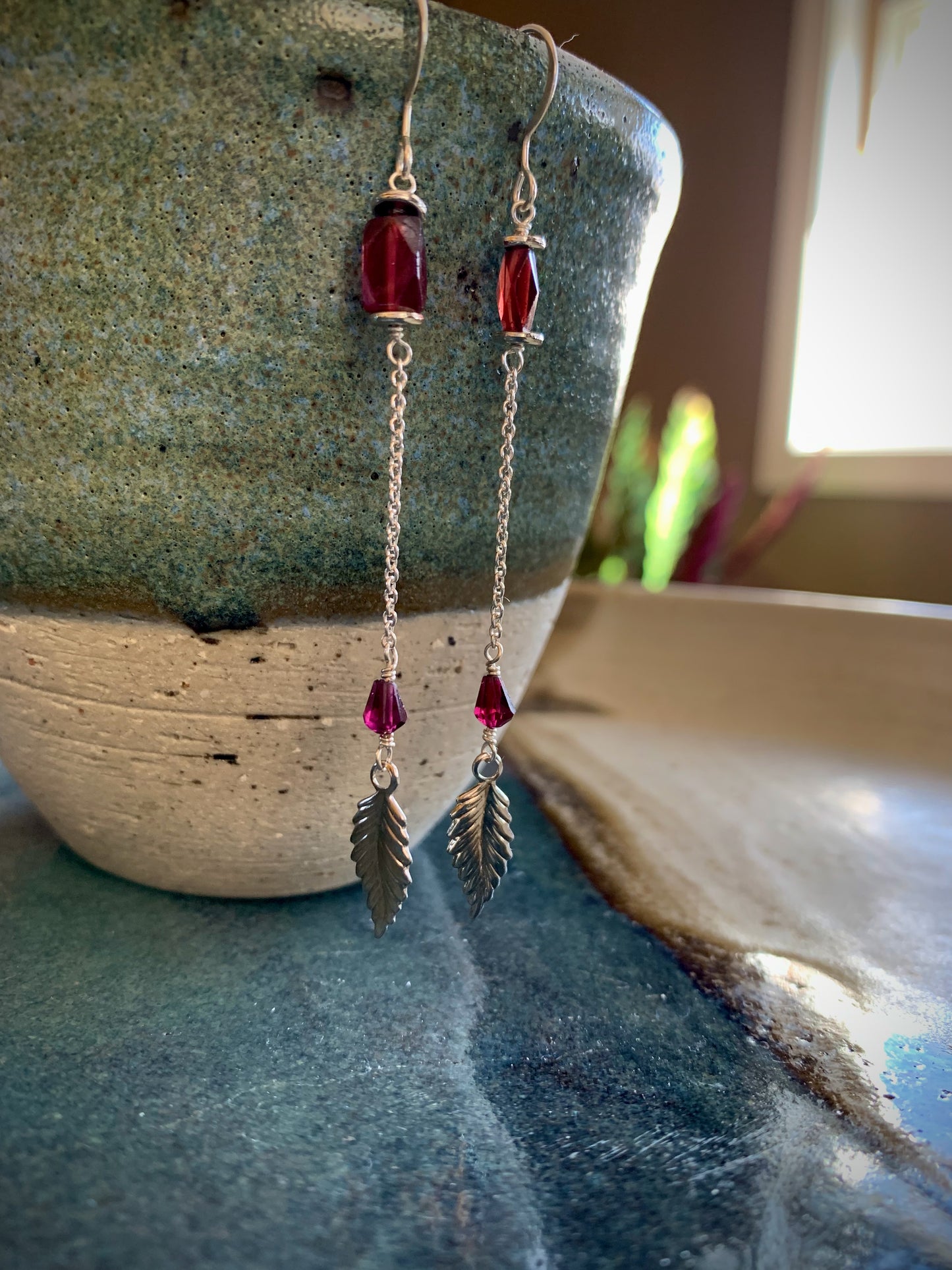 Fuego Earrings - Garnet and Feather Dangle