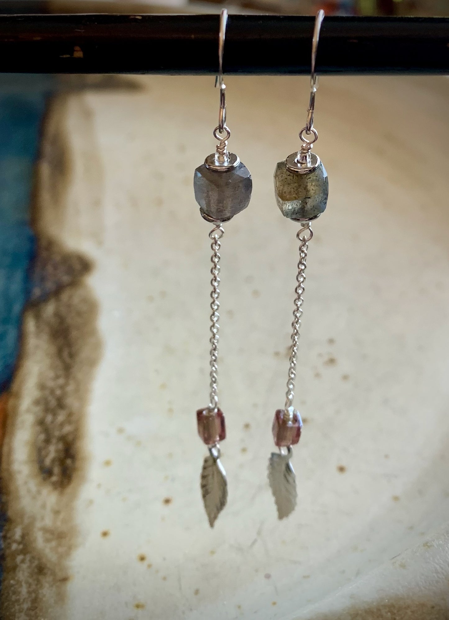 Caricia Earrings - Cube Labradorite, Purple Crystal, Feather Dangle