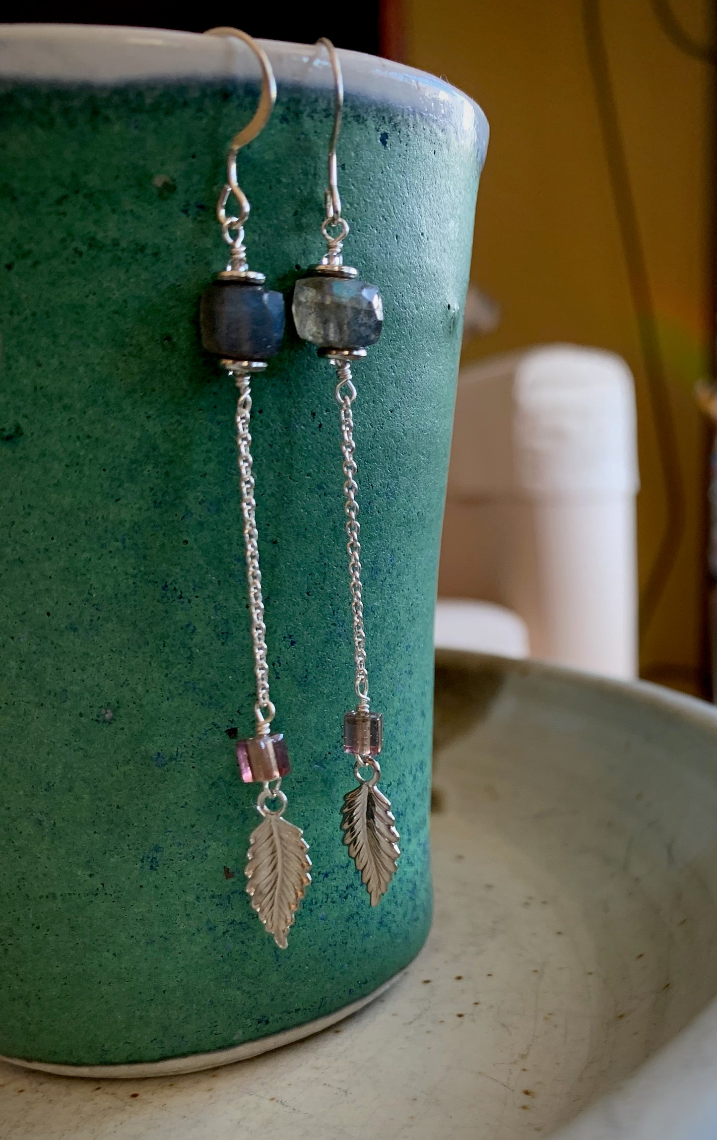 Caricia Earrings - Cube Labradorite, Purple Crystal, Feather Dangle