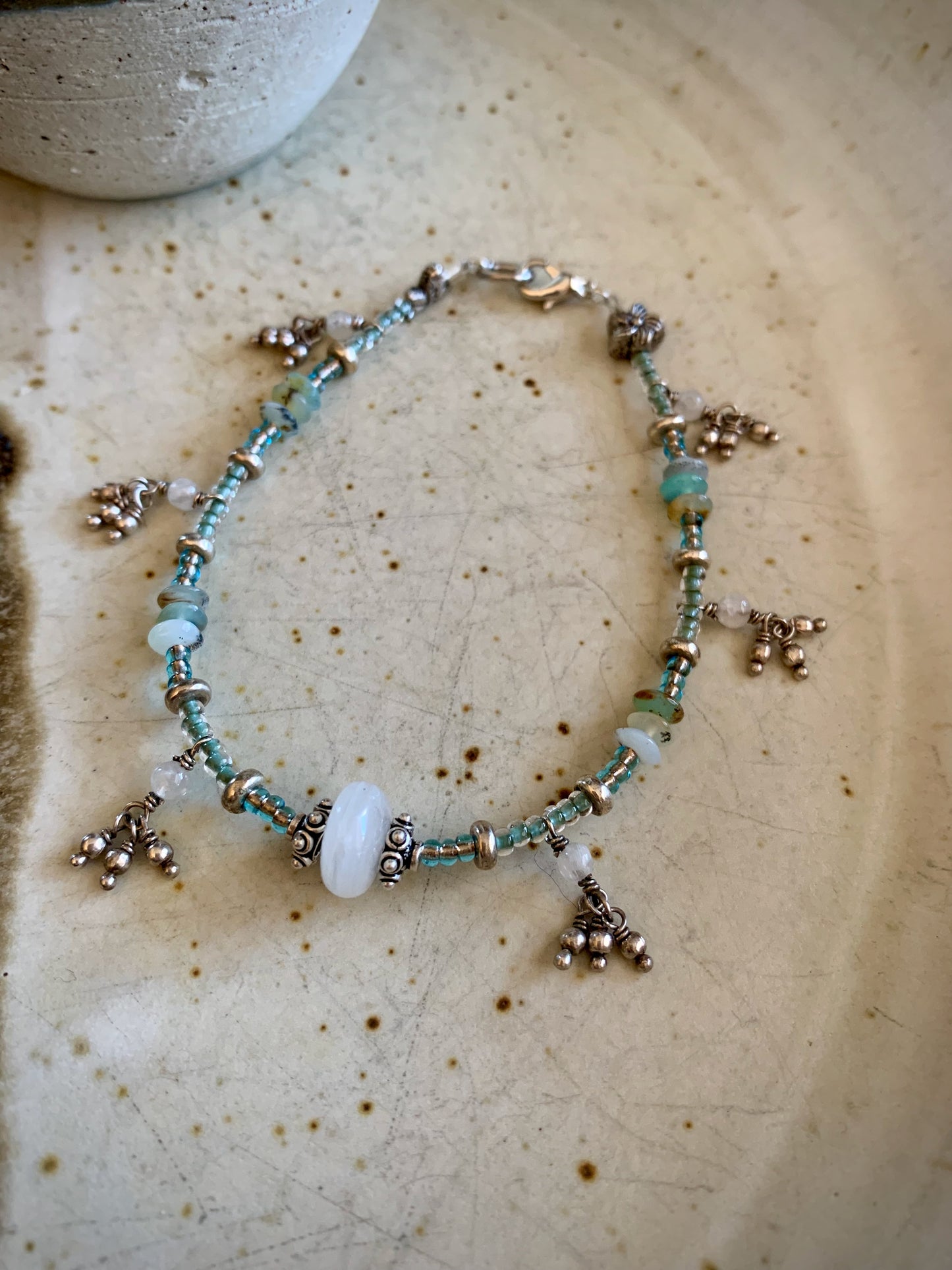 Cordelia Bracelet - moonstone, amazonite, seed beads, and dangles