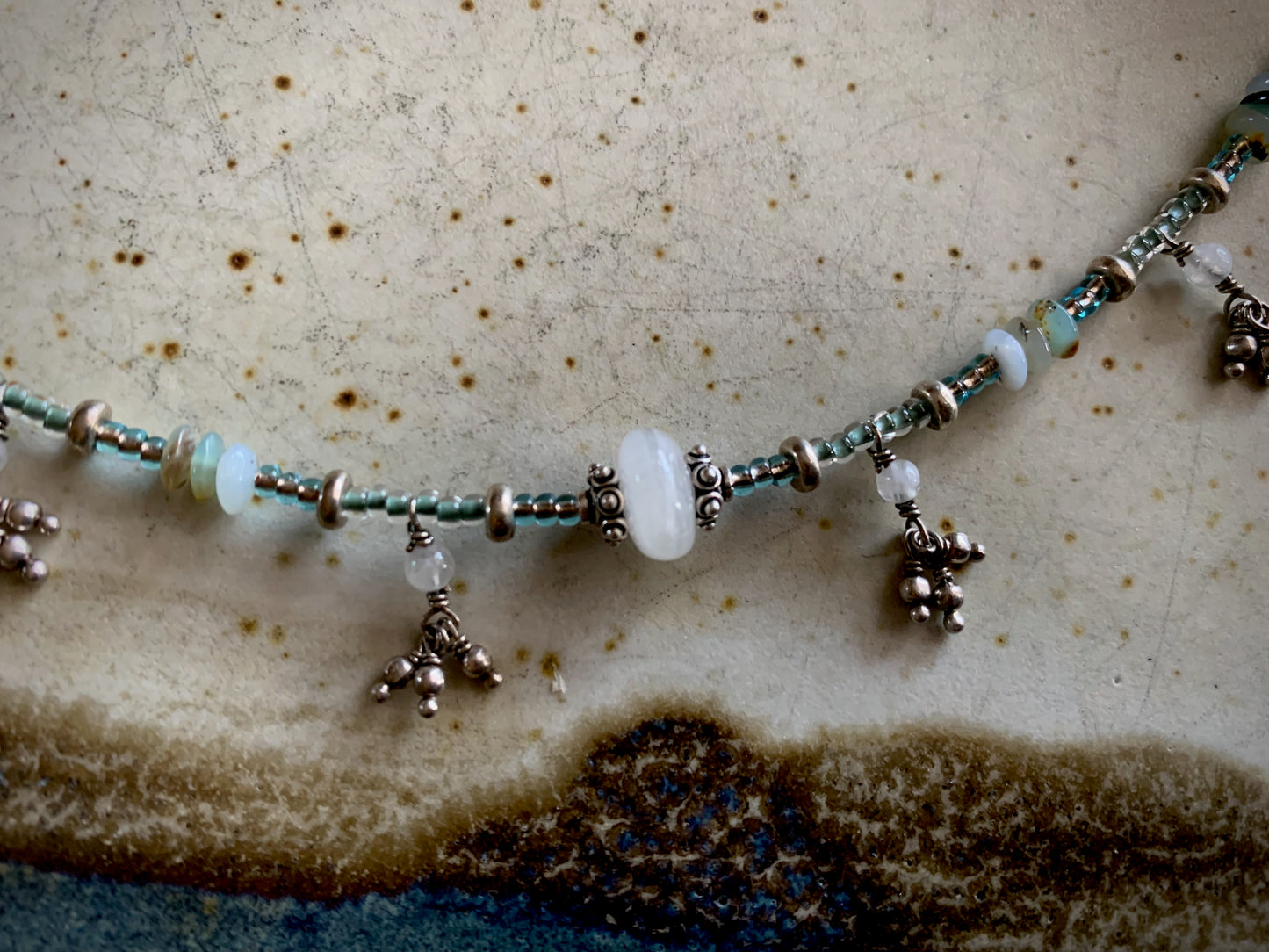 Cordelia Bracelet - moonstone, amazonite, seed beads, and dangles