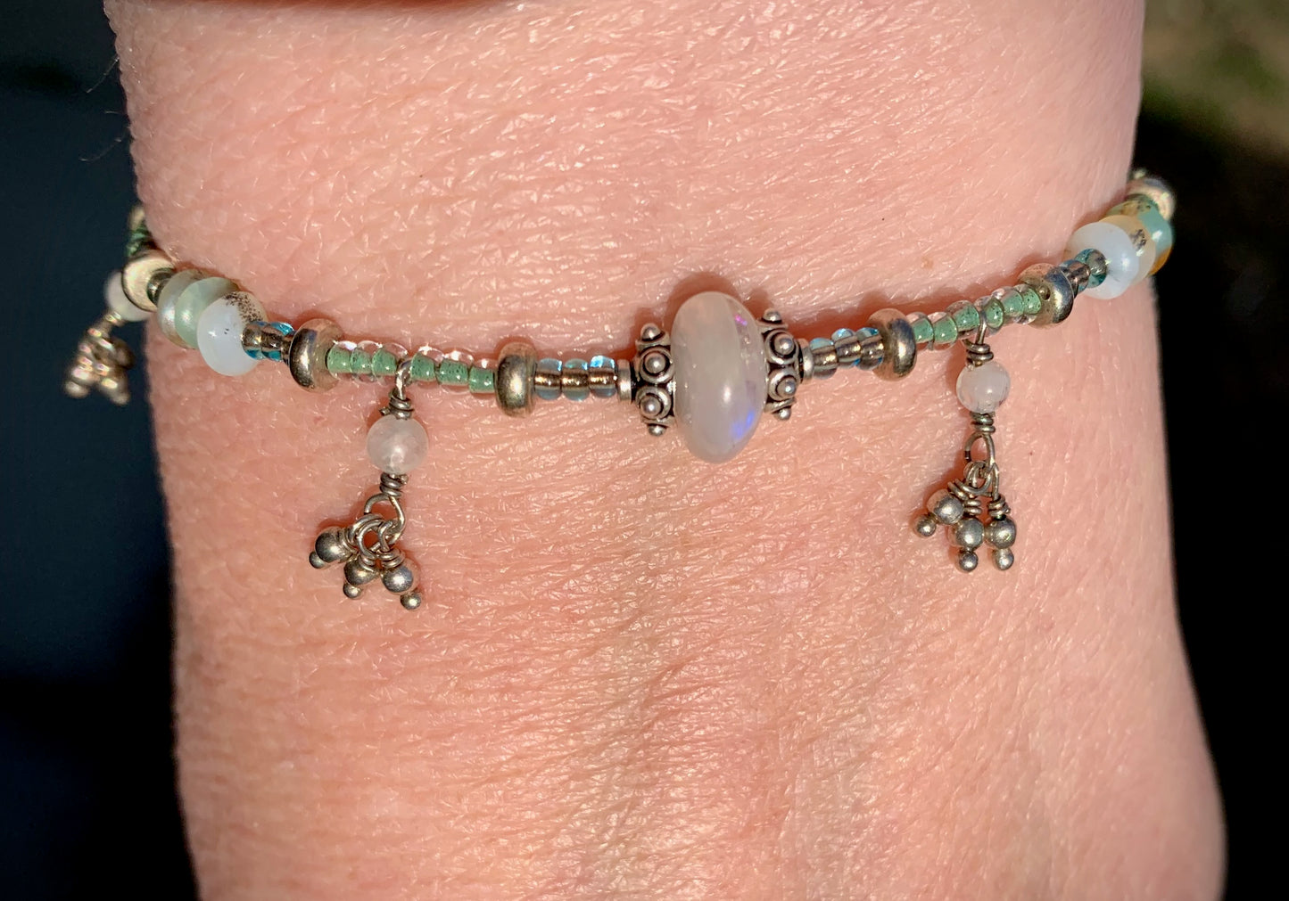 Cordelia Bracelet - moonstone, amazonite, seed beads, and dangles