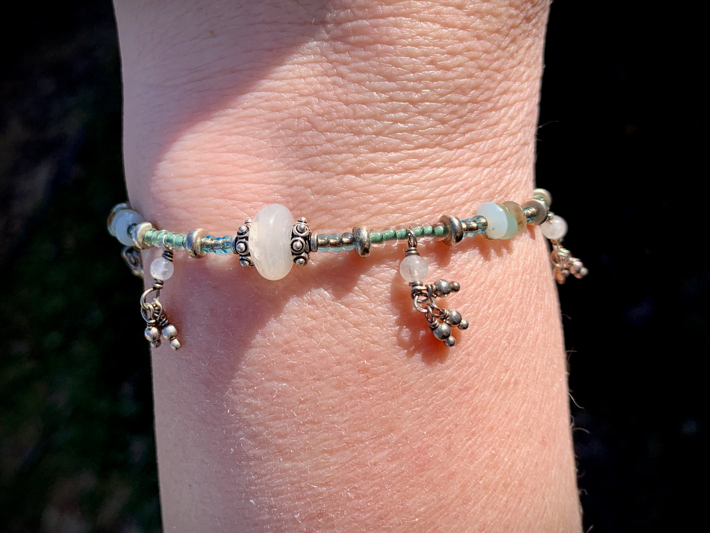 Cordelia Bracelet - moonstone, amazonite, seed beads, and dangles