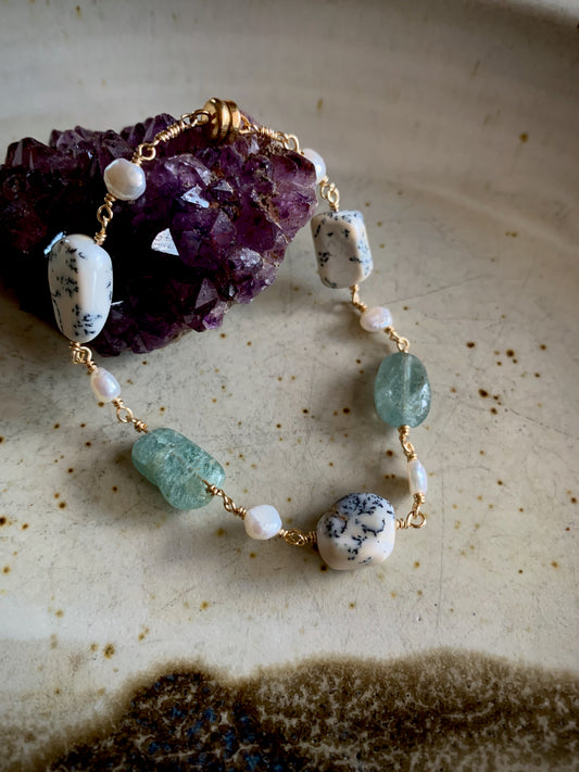 Solise Bracelet - Aquamarine, Dendritic Opal, Freshwater Pearl