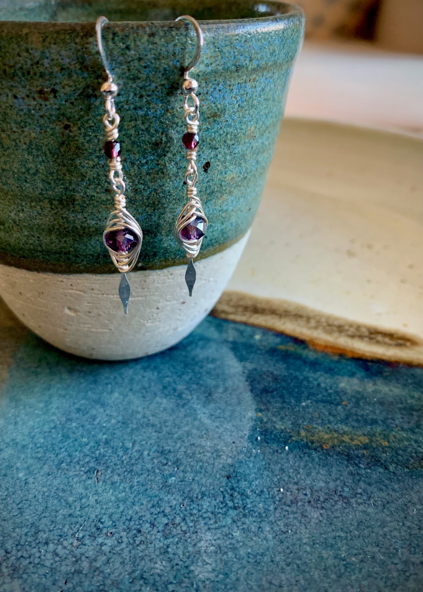 Bonita Earrings- Amethyst and Garnet, Herringbone Wrapped