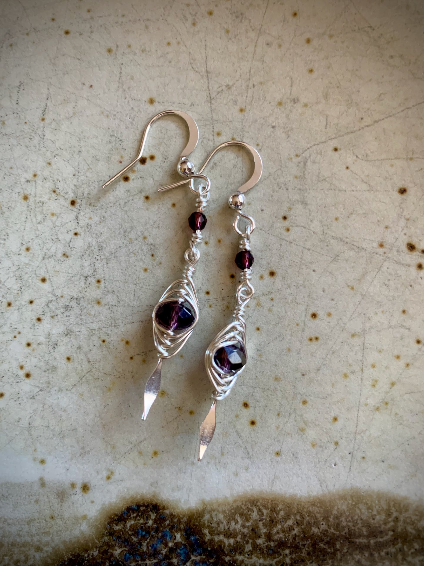 Bonita Earrings- Amethyst and Garnet, Herringbone Wrapped