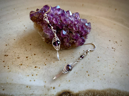 Bonita Earrings- Amethyst and Garnet, Herringbone Wrapped