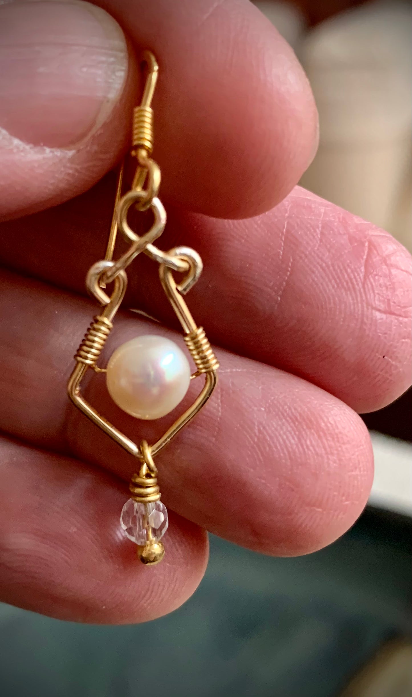 Sonrisa Earrings -  Gold Wirework with Pearl and Quartz