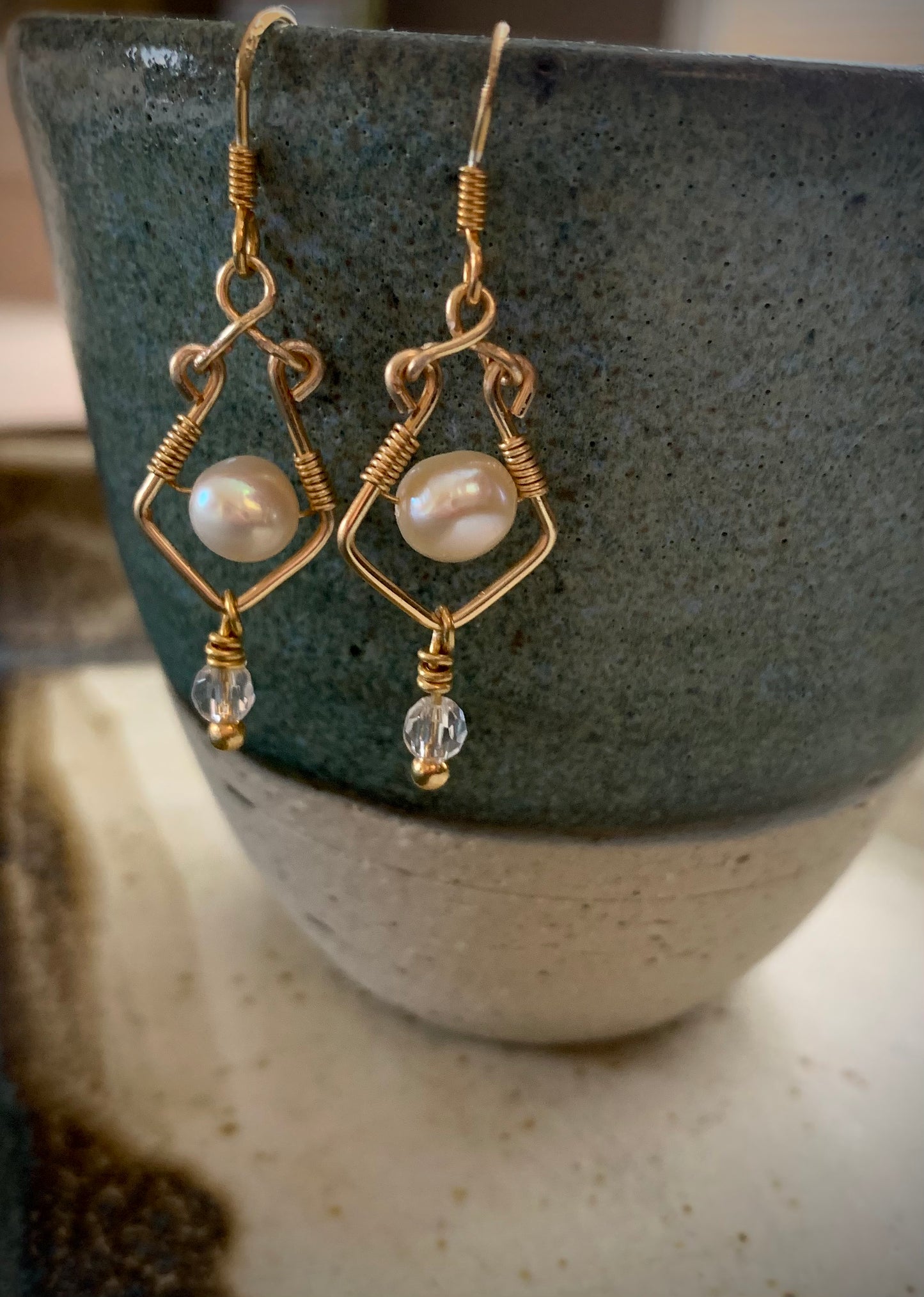 Sonrisa Earrings -  Gold Wirework with Pearl and Quartz