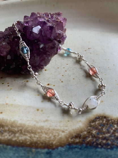 Moria Bracelet - Silver Herringbone Wrapped Moonstone and Quartz