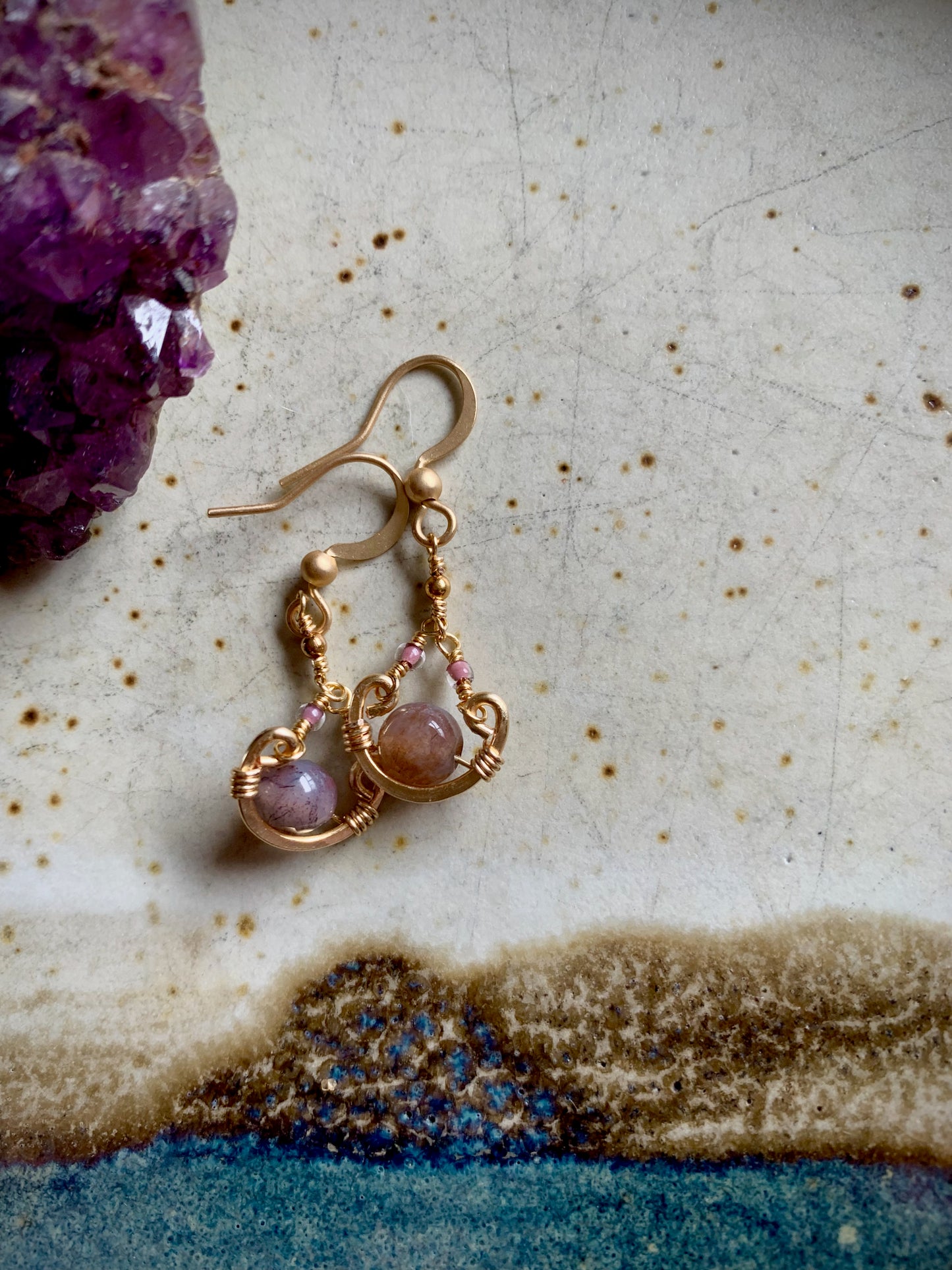 Linda Earrings - Faceted Pink Agate, Gold Wire Wrapped