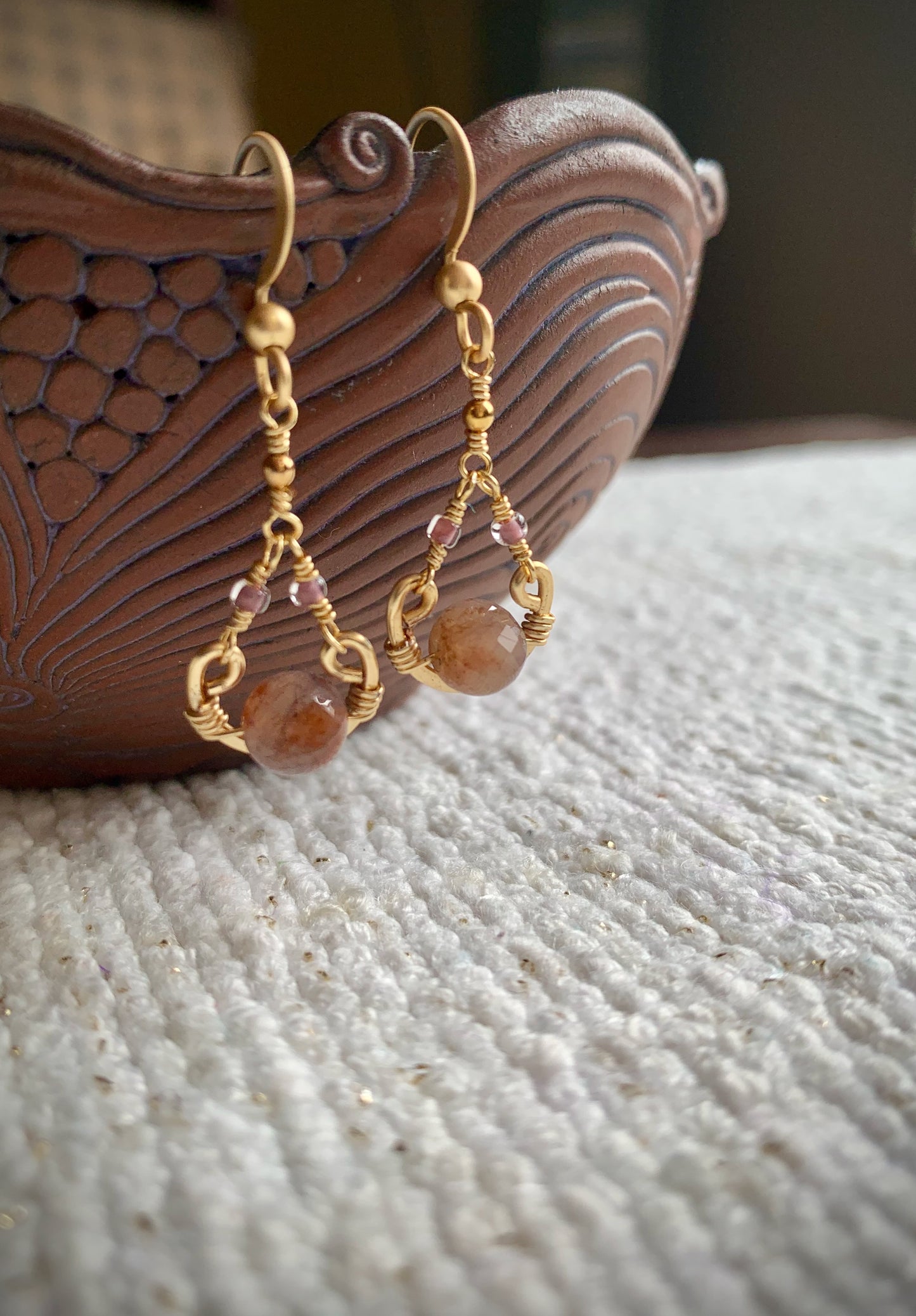 Linda Earrings - Faceted Pink Agate, Gold Wire Wrapped