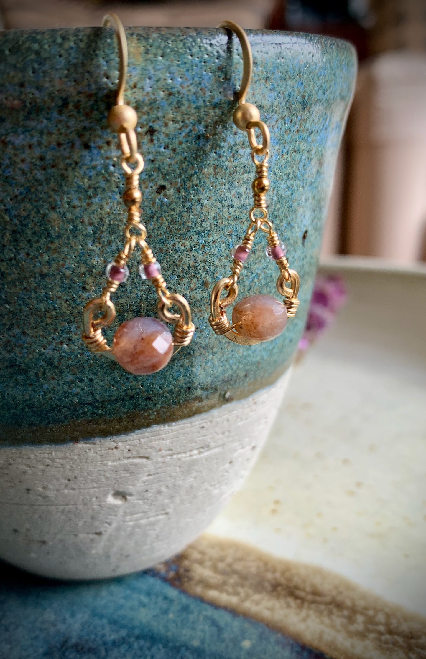 Linda Earrings - Faceted Pink Agate, Gold Wire Wrapped