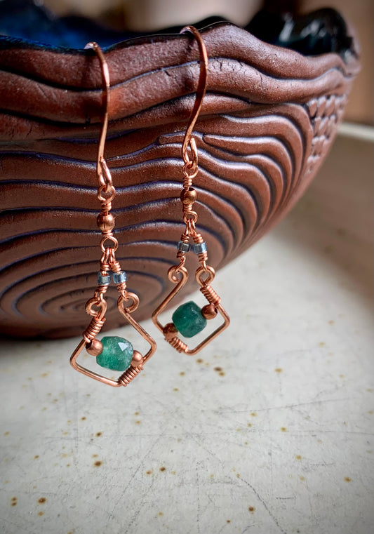 Estrella Earrings - Copper Wirework with Dark Green Aventurine