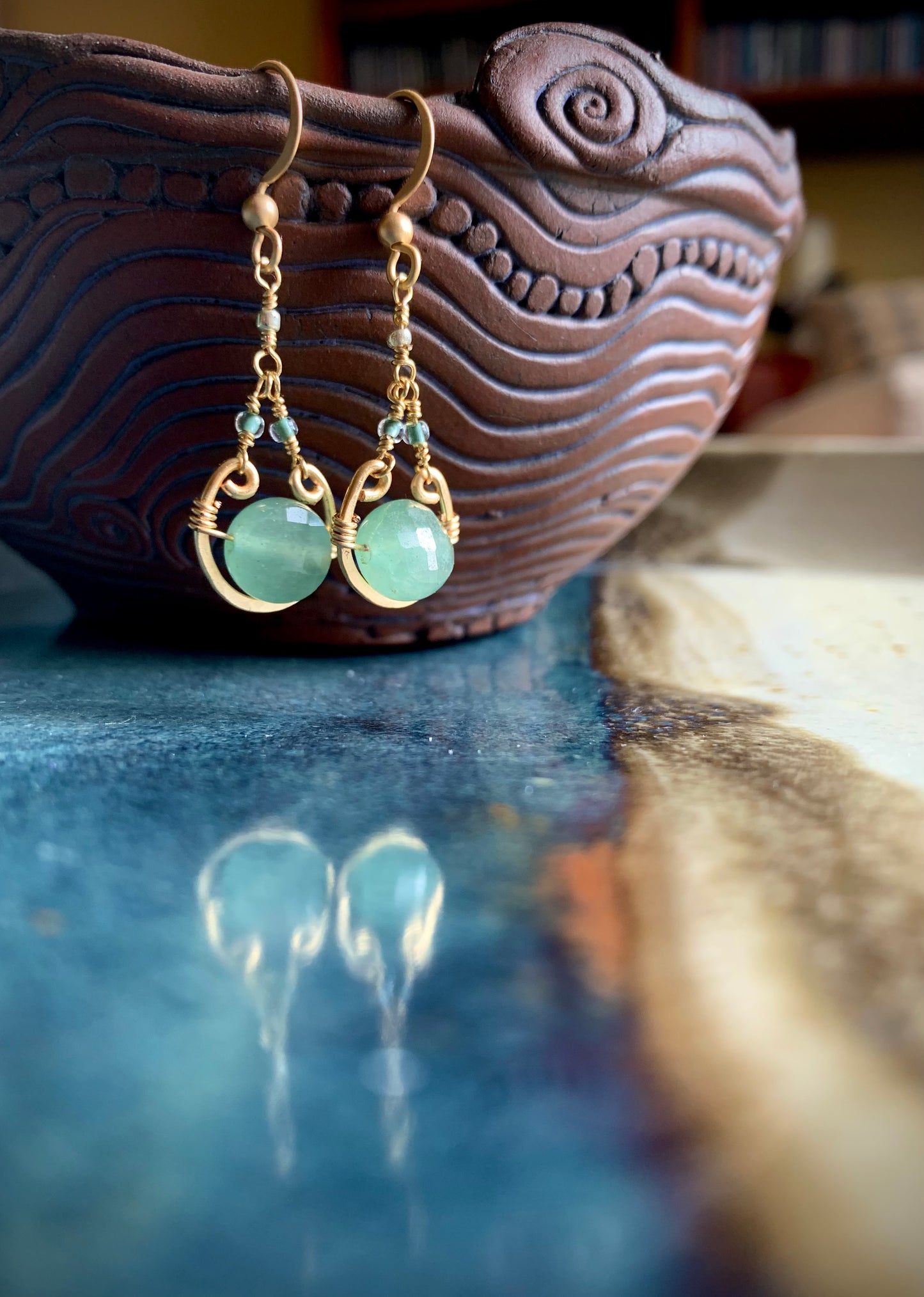 Unica Earrings - Gold Wirework with Faceted Aqua Chalcedony